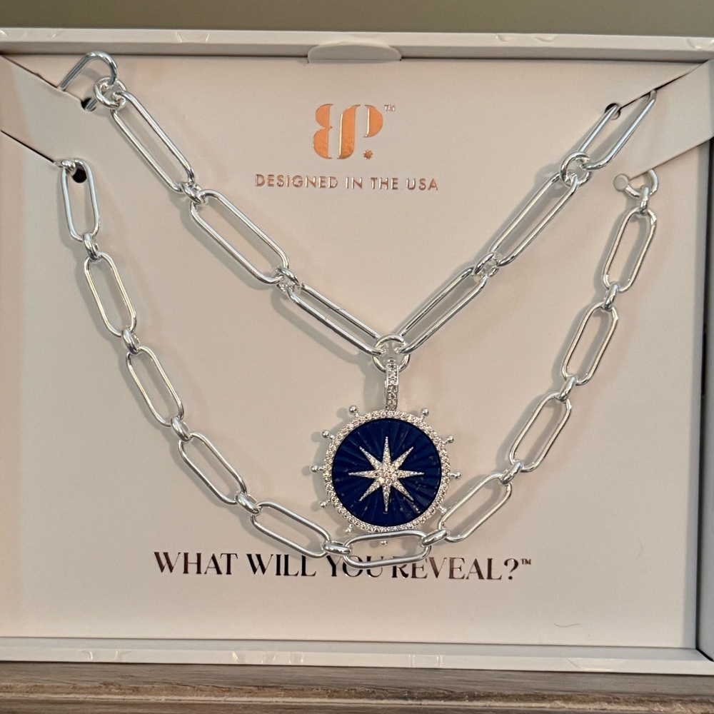 Silver Chain Necklace with Blue Starburst Pendant